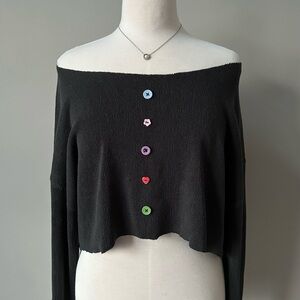 Women's Off-Shoulder Black Sweater with Colorful Buttons